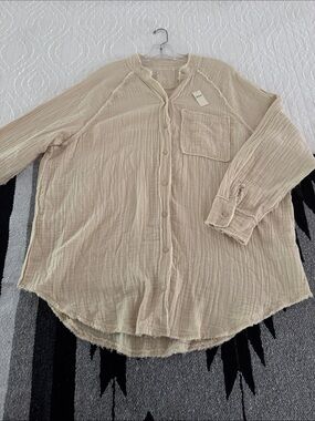aerie Cream Gauze Button-Up Shirt with Pocket